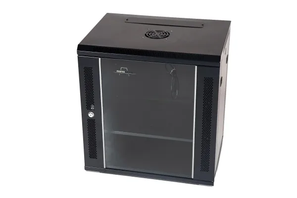 ARMARIO RACK MURAL 19" 12U MONOLYTH SH6412 600X450MM MONTADO CON ACCESORIOS PUERTA DE CRISTAL